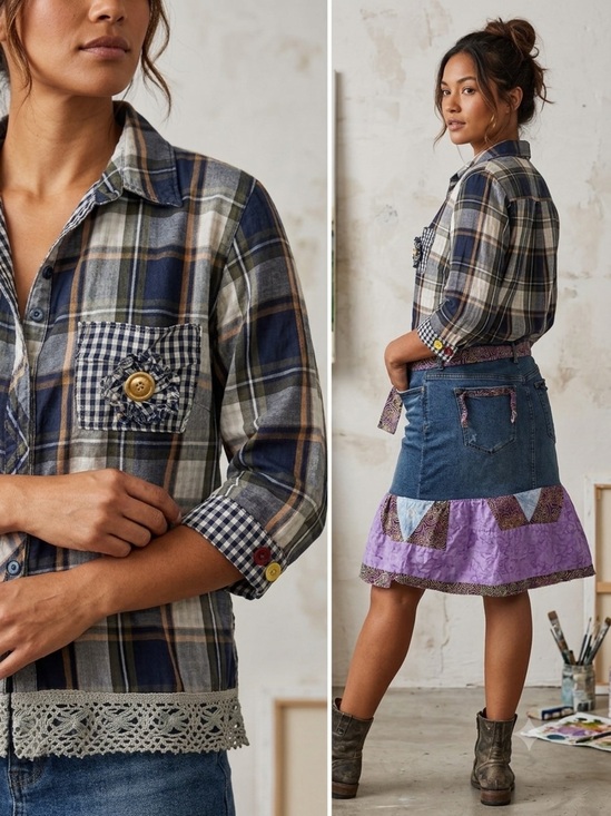 Hand Crafted Tops - Brooks & Dunn Upcycled Plaid Shirt Blouse Large